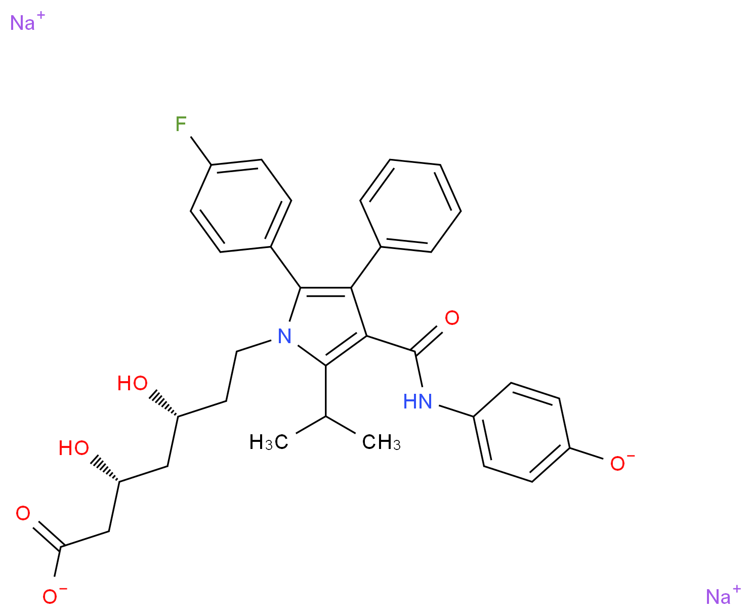 disodium (3R,5R)-7-[2-(4-fluorophenyl)-4-[(4-oxidophenyl)carbamoyl]-3-phenyl-5-(propan-2-yl)-1H-pyrrol-1-yl]-3,5-dihydroxyheptanoate_分子结构_CAS_1276537-18-8