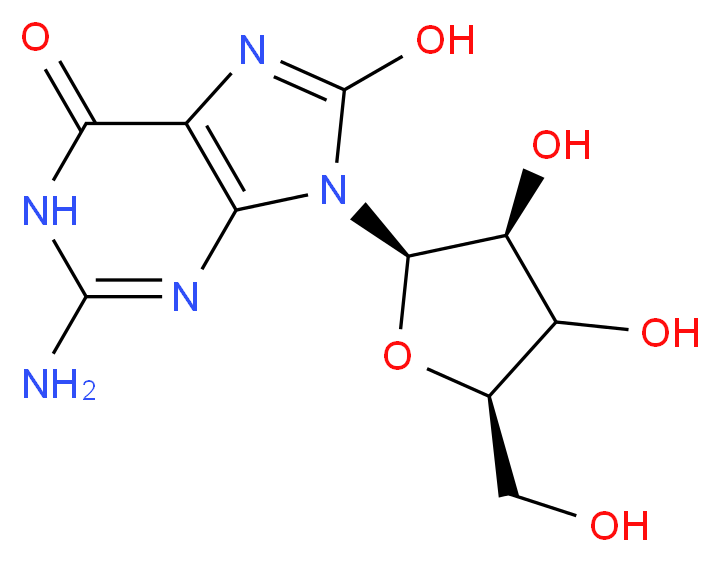 2-amino-9-[(2R,3S,5R)-3,4-dihydroxy-5-(hydroxymethyl)oxolan-2-yl]-8-hydroxy-6,9-dihydro-1H-purin-6-one_分子结构_CAS_3868-31-3