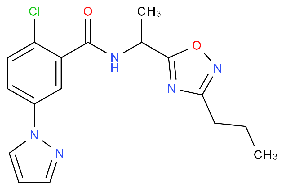 2-chloro-N-[1-(3-propyl-1,2,4-oxadiazol-5-yl)ethyl]-5-(1H-pyrazol-1-yl)benzamide_分子结构_CAS_)