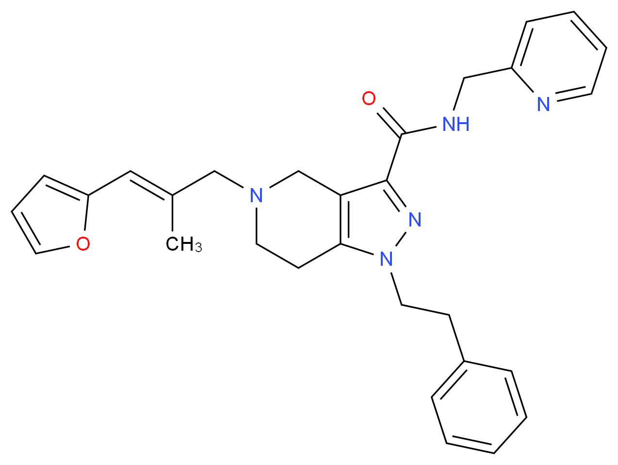 5-[(2E)-3-(2-furyl)-2-methyl-2-propen-1-yl]-1-(2-phenylethyl)-N-(2-pyridinylmethyl)-4,5,6,7-tetrahydro-1H-pyrazolo[4,3-c]pyridine-3-carboxamide_分子结构_CAS_)