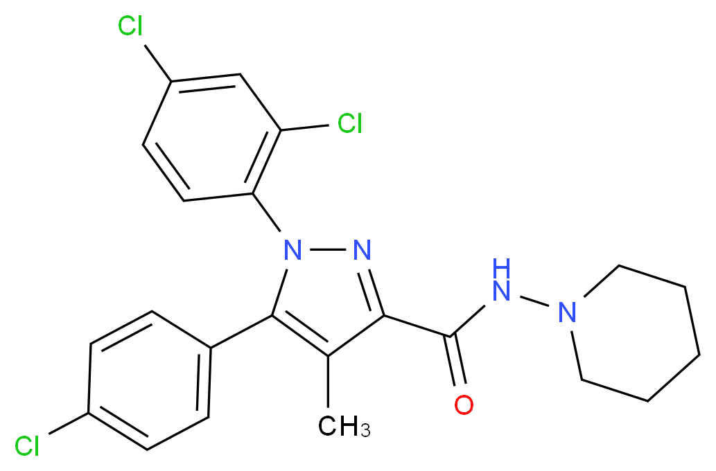 5-(4-chlorophenyl)-1-(2,4-dichlorophenyl)-4-methyl-N-(piperidin-1-yl)-1H-pyrazole-3-carboxamide_分子结构_CAS_168273-06-1