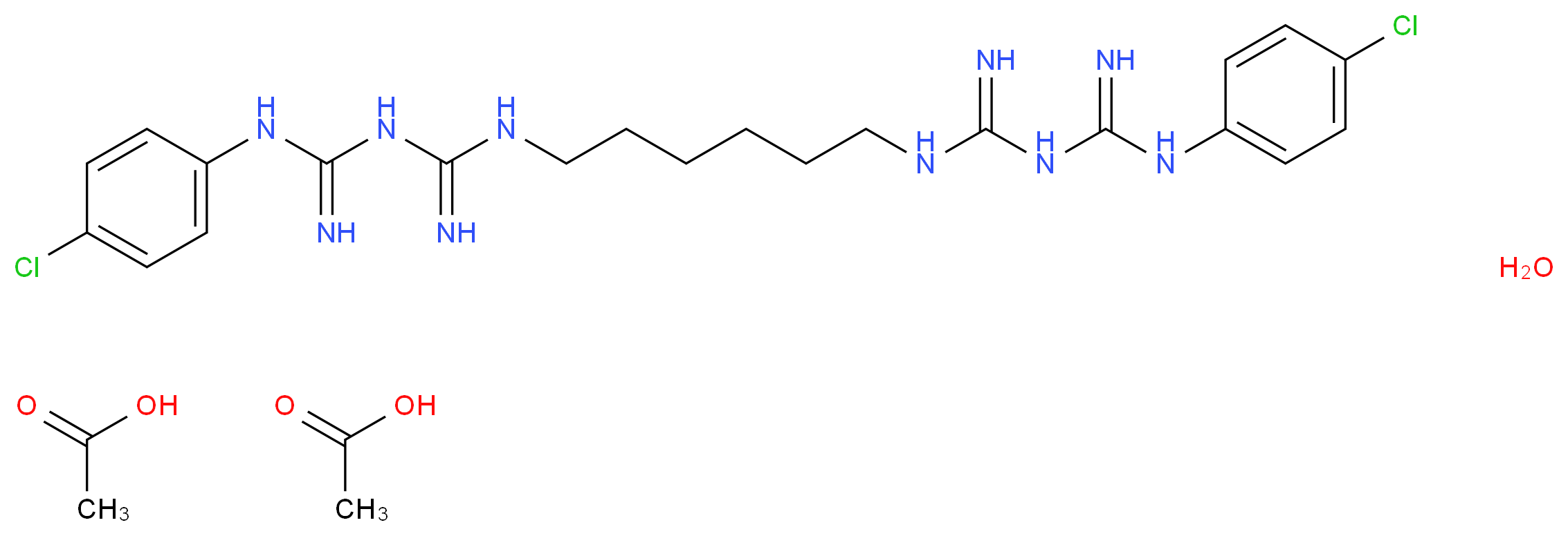 N-(4-chlorophenyl)-1-3-(6-{N-[3-(4-chlorophenyl)carbamimidamidomethanimidoyl]amino}hexyl)carbamimidamidomethanimidamide bis(acetic acid) hydrate_分子结构_CAS_56-95-1