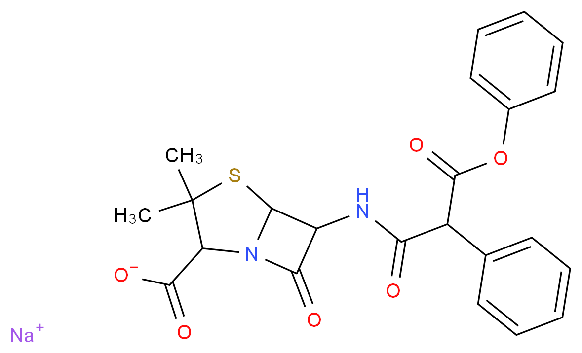 sodium 3,3-dimethyl-7-oxo-6-(3-oxo-3-phenoxy-2-phenylpropanamido)-4-thia-1-azabicyclo[3.2.0]heptane-2-carboxylate_分子结构_CAS_21649-57-0