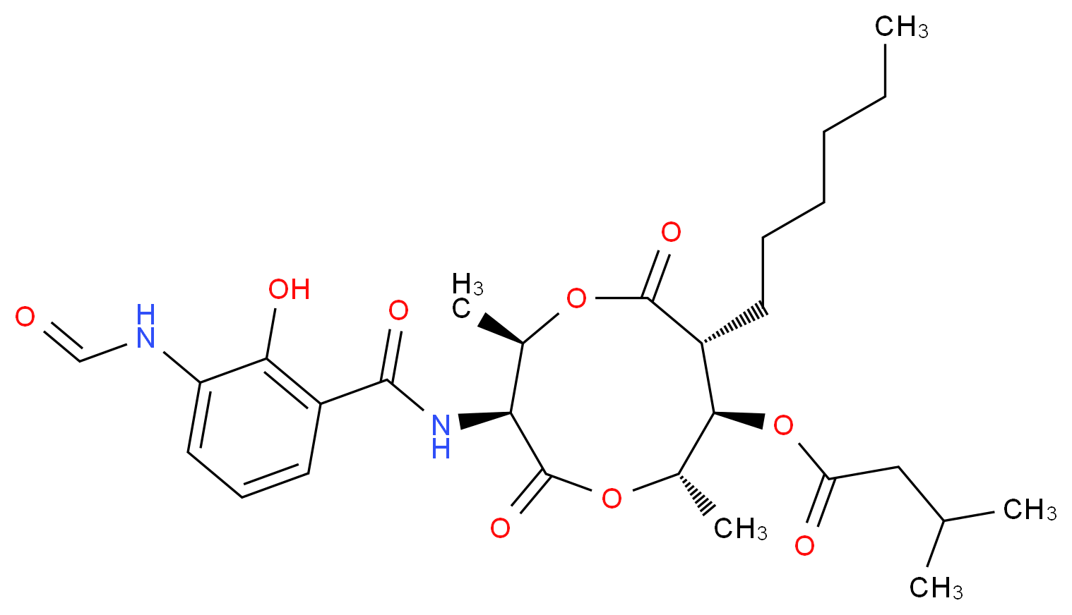 (2R,3S,6S,7R,8R)-3-(3-formamido-2-hydroxybenzamido)-8-hexyl-2,6-dimethyl-4,9-dioxo-1,5-dioxonan-7-yl 3-methylbutanoate_分子结构_CAS_642-15-9
