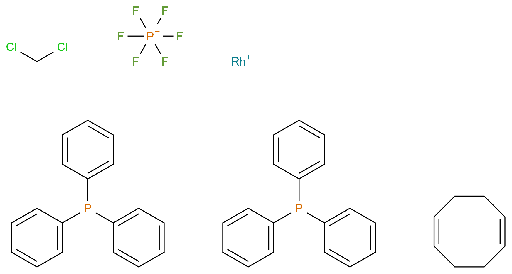 λ<sup>1</sup>-rhodium(1+) ion (1Z,5Z)-cycloocta-1,5-diene dichloromethane hexafluoro-λ<sup>5</sup>-phosphanuide bis(triphenylphosphane)_分子结构_CAS_35238-97-2