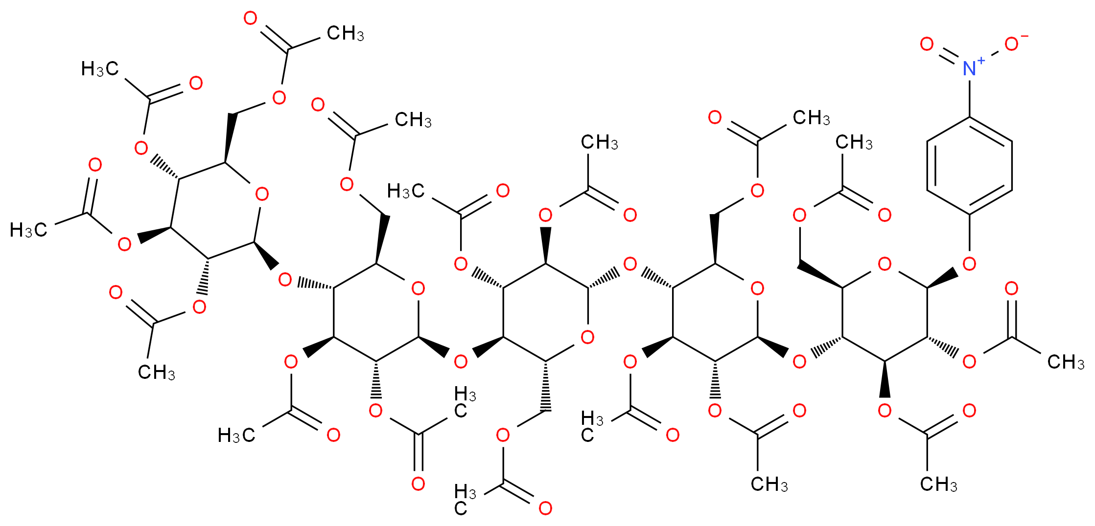 [(2R,3R,4S,5R,6S)-4,5-bis(acetyloxy)-6-{[(2R,3R,4S,5R,6S)-4,5-bis(acetyloxy)-2-[(acetyloxy)methyl]-6-{[(2R,3R,4S,5R,6S)-4,5-bis(acetyloxy)-2-[(acetyloxy)methyl]-6-(4-nitrophenoxy)oxan-3-yl]oxy}oxan-3-yl]oxy}-3-{[(2S,3R,4S,5R,6R)-3,4-bis(acetyloxy)-6-[(acetyloxy)methyl]-5-{[(2S,3R,4S,5R,6R)-3,4,5-tris(acetyloxy)-6-[(acetyloxy)methyl]oxan-2-yl]oxy}oxan-2-yl]oxy}oxan-2-yl]methyl acetate_分子结构_CAS_129411-66-1