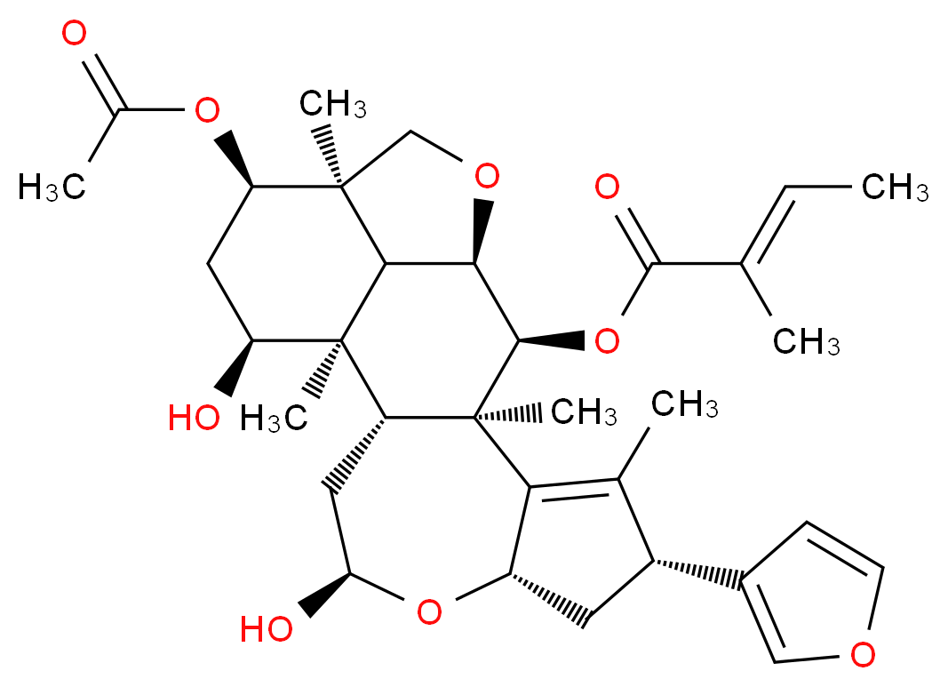 (1R,2R,4R,6S,8R,11R,12S,13R,16R,17R,19S,20R)-17-(acetyloxy)-8-(furan-3-yl)-4,19-dihydroxy-1,9,11,16-tetramethyl-5,14-dioxapentacyclo[11.6.1.0<sup>2</sup>,<sup>1</sup><sup>1</sup>.0<sup>6</sup>,<sup>1</sup><sup>0</sup>.0<sup>1</sup><sup>6</sup>,<sup>2</sup><sup>0</sup>]icos-9-en-12-yl (2E)-2-methylbut-2-enoate_分子结构_CAS_76689-98-0