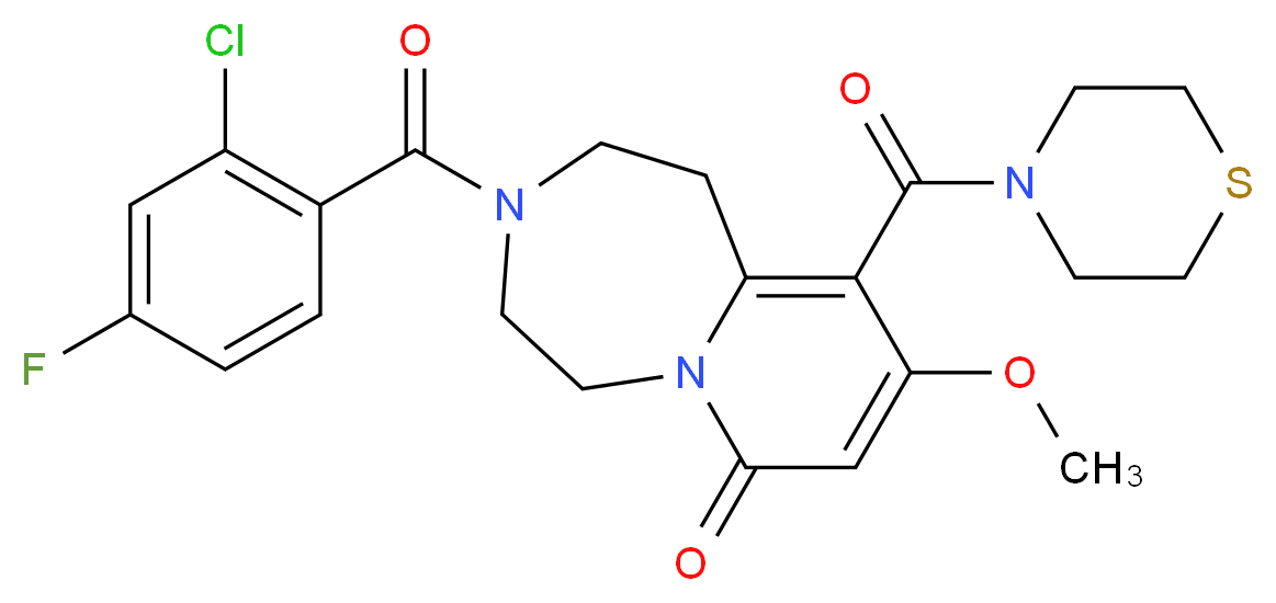 3-(2-chloro-4-fluorobenzoyl)-9-methoxy-10-(4-thiomorpholinylcarbonyl)-2,3,4,5-tetrahydropyrido[1,2-d][1,4]diazepin-7(1H)-one_分子结构_CAS_)