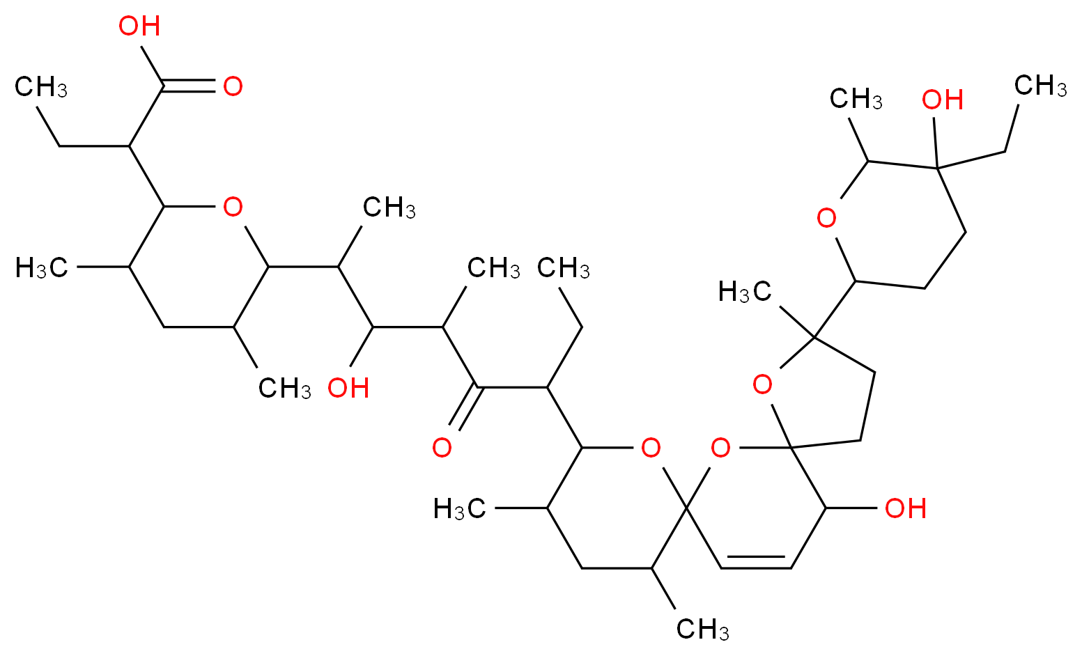 2-(6-{6-[2-(5-ethyl-5-hydroxy-6-methyloxan-2-yl)-15-hydroxy-2,10,12-trimethyl-1,6,8-trioxadispiro[4.1.5<sup>7</sup>.3<sup>5</sup>]pentadec-13-en-9-yl]-3-hydroxy-4-methyl-5-oxooctan-2-yl}-3,5-dimethyloxan-2-yl)butanoic acid_分子结构_CAS_55134-13-9