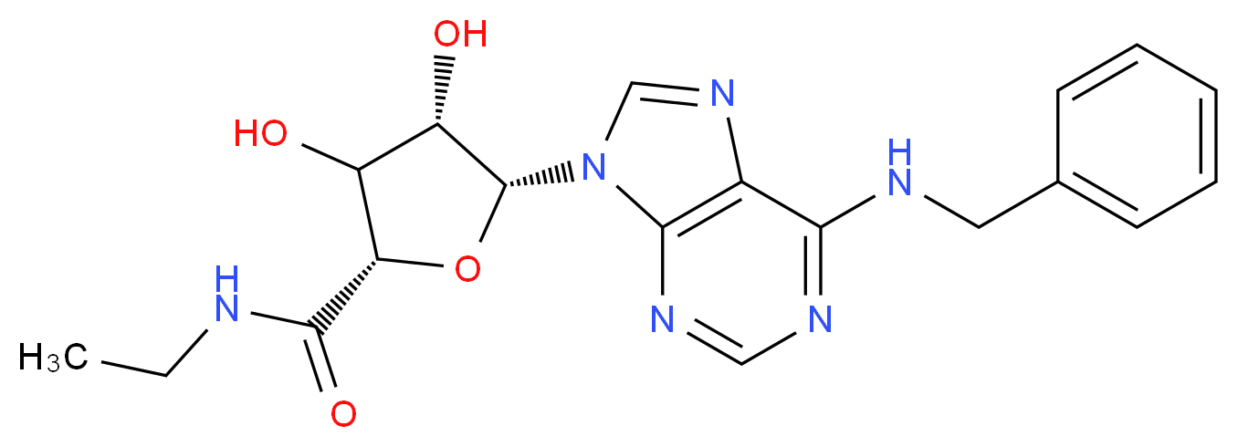 (2S,4S,5R)-5-[6-(benzylamino)-9H-purin-9-yl]-N-ethyl-3,4-dihydroxyoxolane-2-carboxamide_分子结构_CAS_152918-32-6