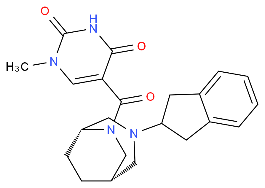 5-{[(1S*,5R*)-3-(2,3-dihydro-1H-inden-2-yl)-3,6-diazabicyclo[3.2.2]non-6-yl]carbonyl}-1-methylpyrimidine-2,4(1H,3H)-dione_分子结构_CAS_)