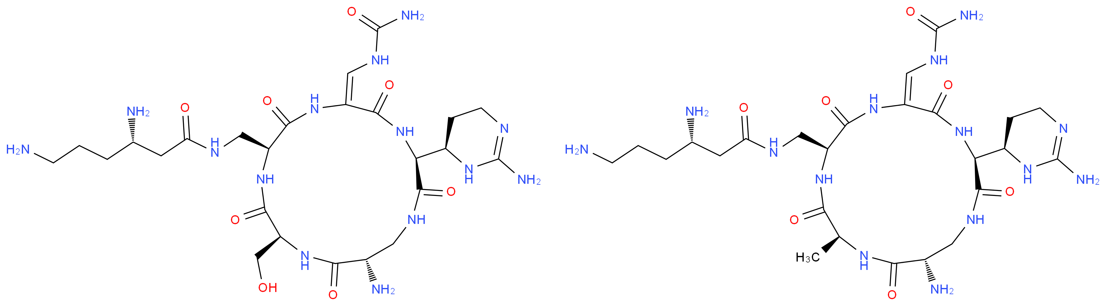 (3S)-3,6-diamino-N-{[(2S,5S,8E,11S,15S)-15-amino-11-[(4R)-2-amino-3,4,5,6-tetrahydropyrimidin-4-yl]-8-[(carbamoylamino)methylidene]-2-(hydroxymethyl)-3,6,9,12,16-pentaoxo-1,4,7,10,13-pentaazacyclohexadecan-5-yl]methyl}hexanamide; (3S)-3,6-diamino-N-{[(2S,5S,8E,11S,15S)-15-amino-11-[(4R)-2-amino-3,4,5,6-tetrahydropyrimidin-4-yl]-8-[(carbamoylamino)methylidene]-2-methyl-3,6,9,12,16-pentaoxo-1,4,7,10,13-pentaazacyclohexadecan-5-yl]methyl}hexanamide_分子结构_CAS_11003-38-6