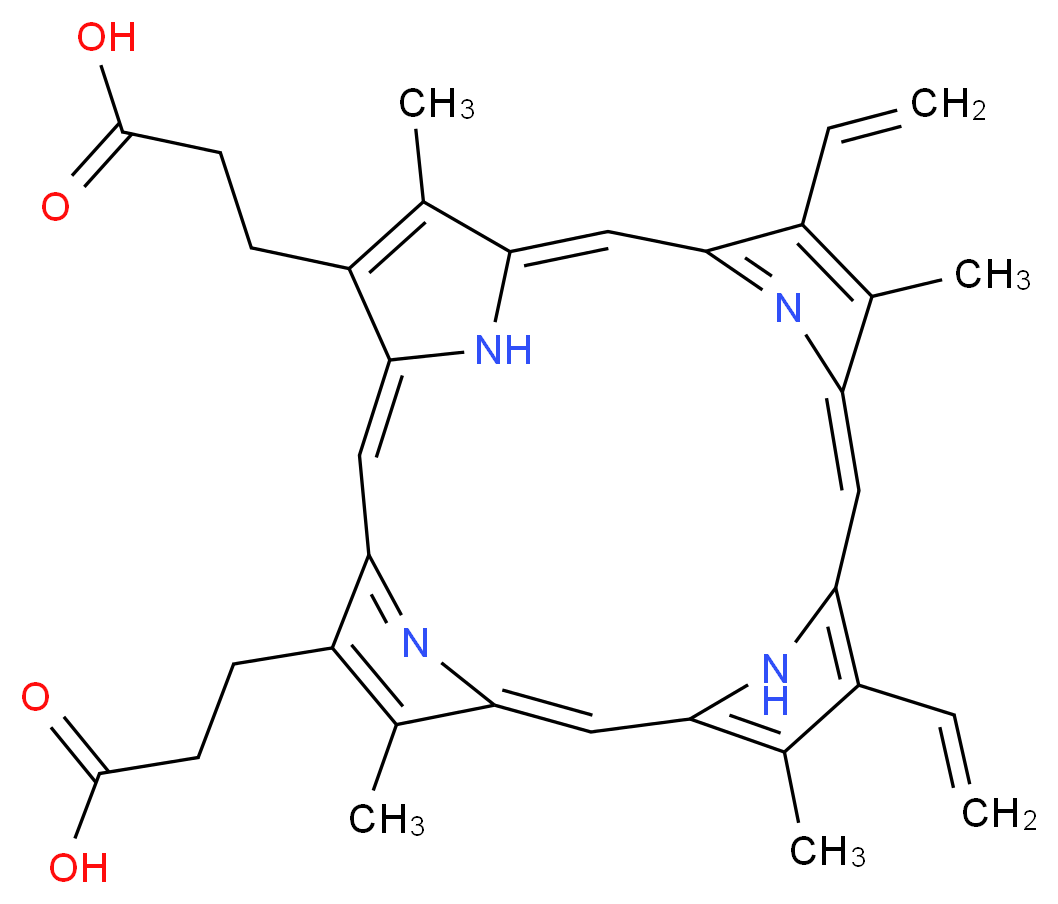 3-[20-(2-carboxyethyl)-9,14-diethenyl-5,10,15,19-tetramethyl-21,22,23,24-tetraazapentacyclo[16.2.1.1<sup>3</sup>,<sup>6</sup>.1<sup>8</sup>,<sup>1</sup><sup>1</sup>.1<sup>1</sup><sup>3</sup>,<sup>1</sup><sup>6</sup>]tetracosa-1(21),2,4,6,8(23),9,11,13,15,17,19-undecaen-4-yl]propanoic acid_分子结构_CAS_553-12-8