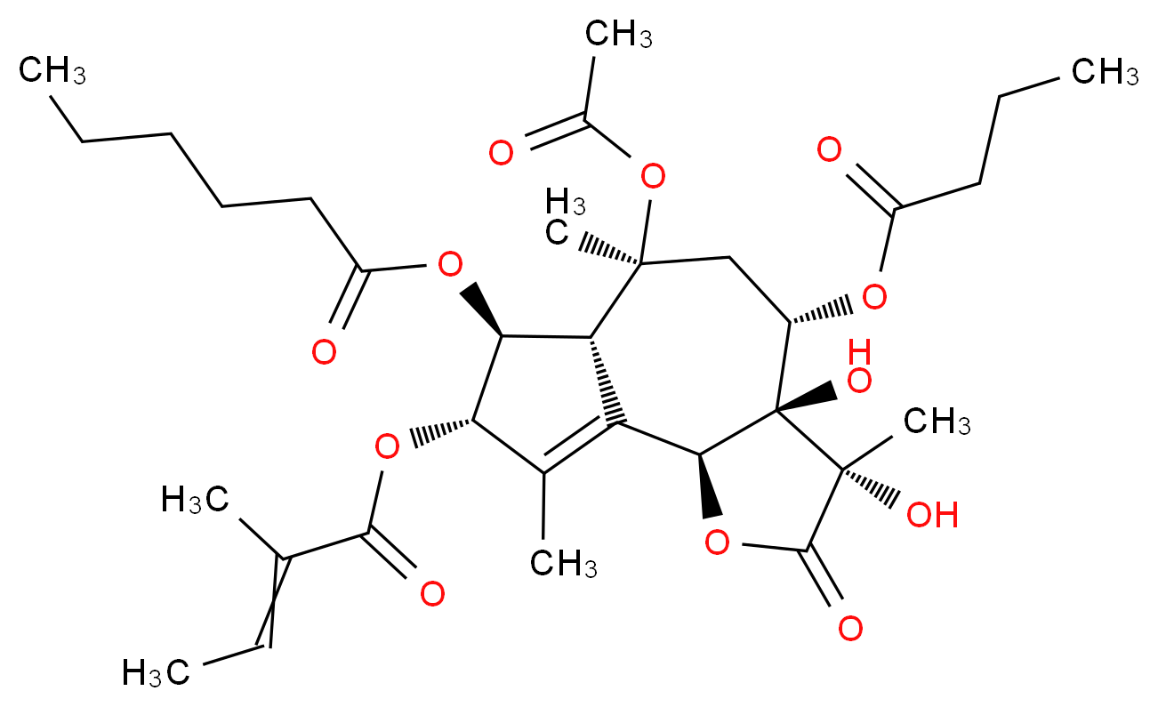 (3S,3aR,4S,6S,6aR,7S,8S,9bS)-6-(acetyloxy)-4-(butanoyloxy)-3,3a-dihydroxy-3,6,9-trimethyl-8-[(2-methylbut-2-enoyl)oxy]-2-oxo-2H,3H,3aH,4H,5H,6H,6aH,7H,8H,9bH-azuleno[4,5-b]furan-7-yl hexanoate_分子结构_CAS_67526-94-7