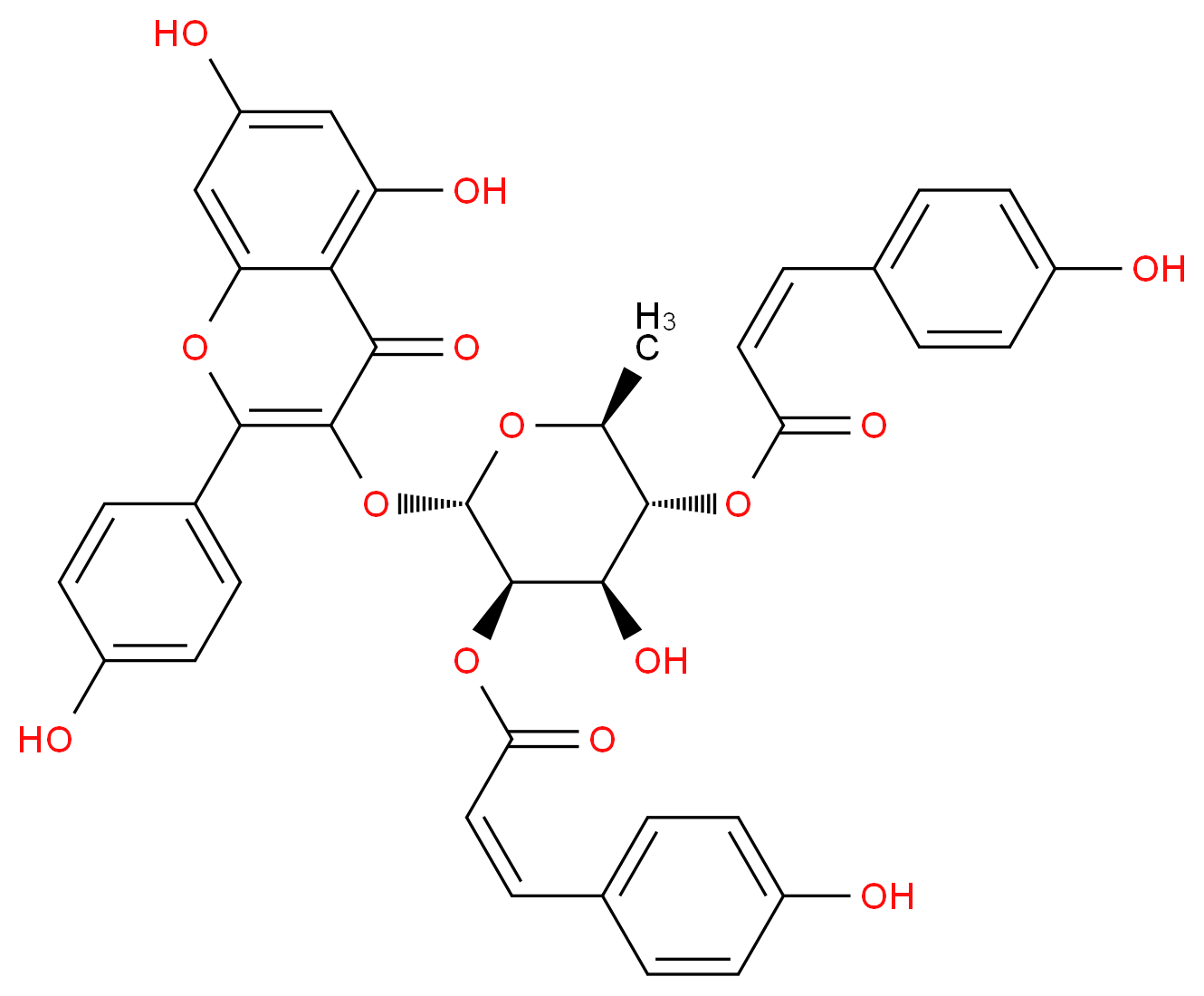 (2S,3R,4R,5R,6S)-2-{[5,7-dihydroxy-2-(4-hydroxyphenyl)-4-oxo-4H-chromen-3-yl]oxy}-4-hydroxy-5-{[(2Z)-3-(4-hydroxyphenyl)prop-2-enoyl]oxy}-6-methyloxan-3-yl (2Z)-3-(4-hydroxyphenyl)prop-2-enoate_分子结构_CAS_205534-17-4