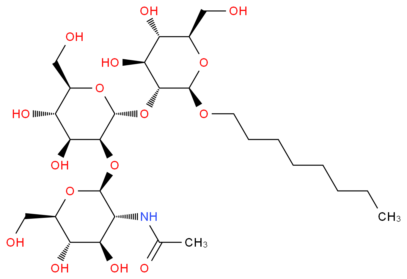 N-[(2S,3R,4R,5S,6R)-2-{[(2R,3S,4S,5S,6R)-2-{[(2R,3R,4S,5S,6R)-4,5-dihydroxy-6-(hydroxymethyl)-2-(octyloxy)oxan-3-yl]oxy}-4,5-dihydroxy-6-(hydroxymethyl)oxan-3-yl]oxy}-4,5-dihydroxy-6-(hydroxymethyl)oxan-3-yl]acetamide_分子结构_CAS_1268248-67-4