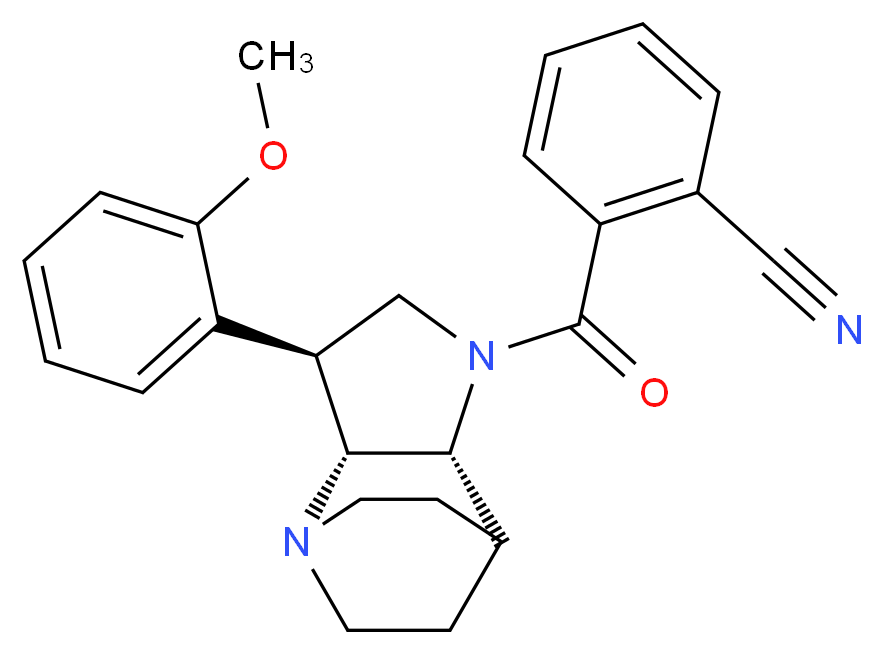 2-{[(2R*,3S*,6R*)-3-(2-methoxyphenyl)-1,5-diazatricyclo[5.2.2.0~2,6~]undec-5-yl]carbonyl}benzonitrile_分子结构_CAS_)