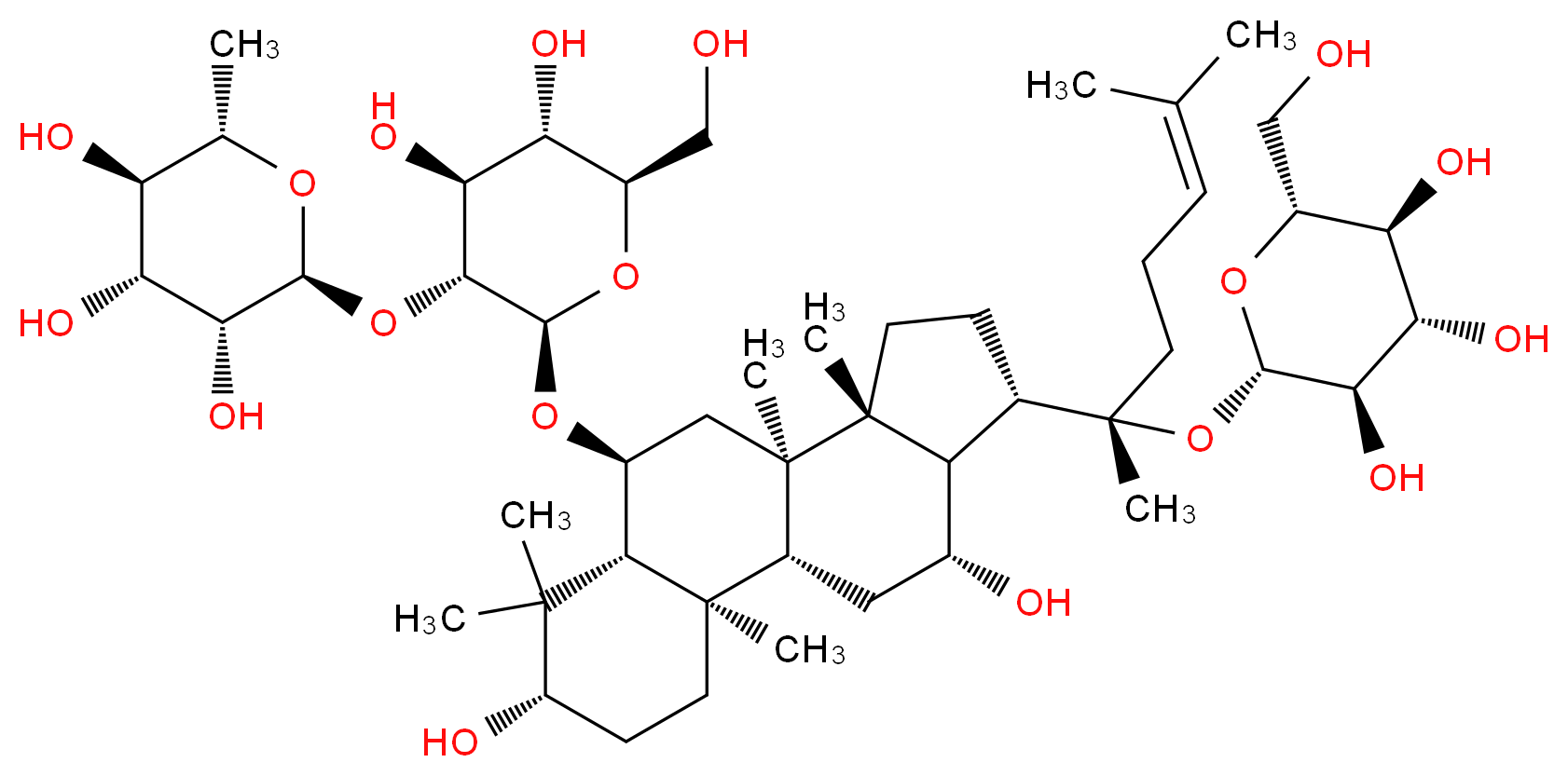 (2S,3R,4S,5S,6R)-2-{[(2S)-2-[(1R,2R,5S,7R,8S,10R,11R,14S,15R,16R)-8-{[(2R,3R,4S,5S,6R)-4,5-dihydroxy-6-(hydroxymethyl)-3-{[(2S,3R,4R,5R,6S)-3,4,5-trihydroxy-6-methyloxan-2-yl]oxy}oxan-2-yl]oxy}-5,16-dihydroxy-2,6,6,10,11-pentamethyltetracyclo[8.7.0.0^{2,7}.0^{11,15}]heptadecan-14-yl]-6-methylhept-5-en-2-yl]oxy}-6-(hydroxymethyl)oxane-3,4,5-triol_分子结构_CAS_51542-56-4