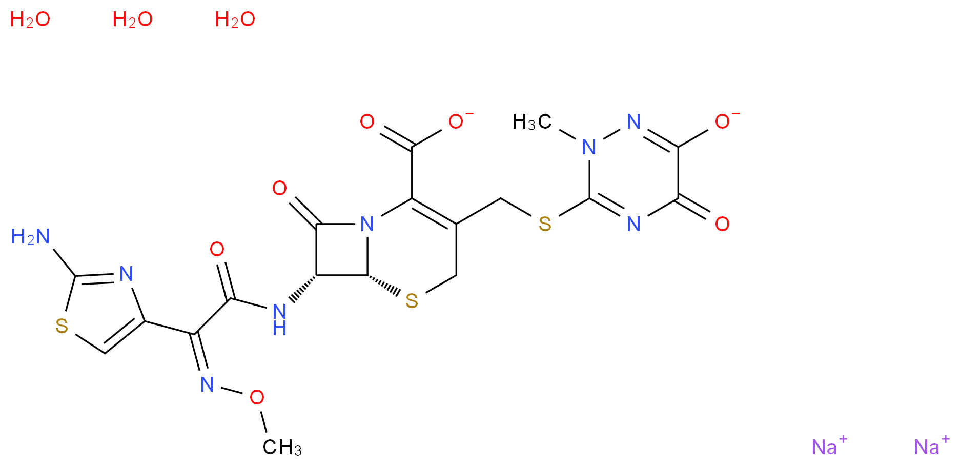 disodium (6R,7R)-7-[(2Z)-2-(2-amino-1,3-thiazol-4-yl)-2-(methoxyimino)acetamido]-3-{[(2-methyl-6-oxido-5-oxo-2,5-dihydro-1,2,4-triazin-3-yl)sulfanyl]methyl}-8-oxo-5-thia-1-azabicyclo[4.2.0]oct-2-ene-2-carboxylate trihydrate_分子结构_CAS_104376-79-6