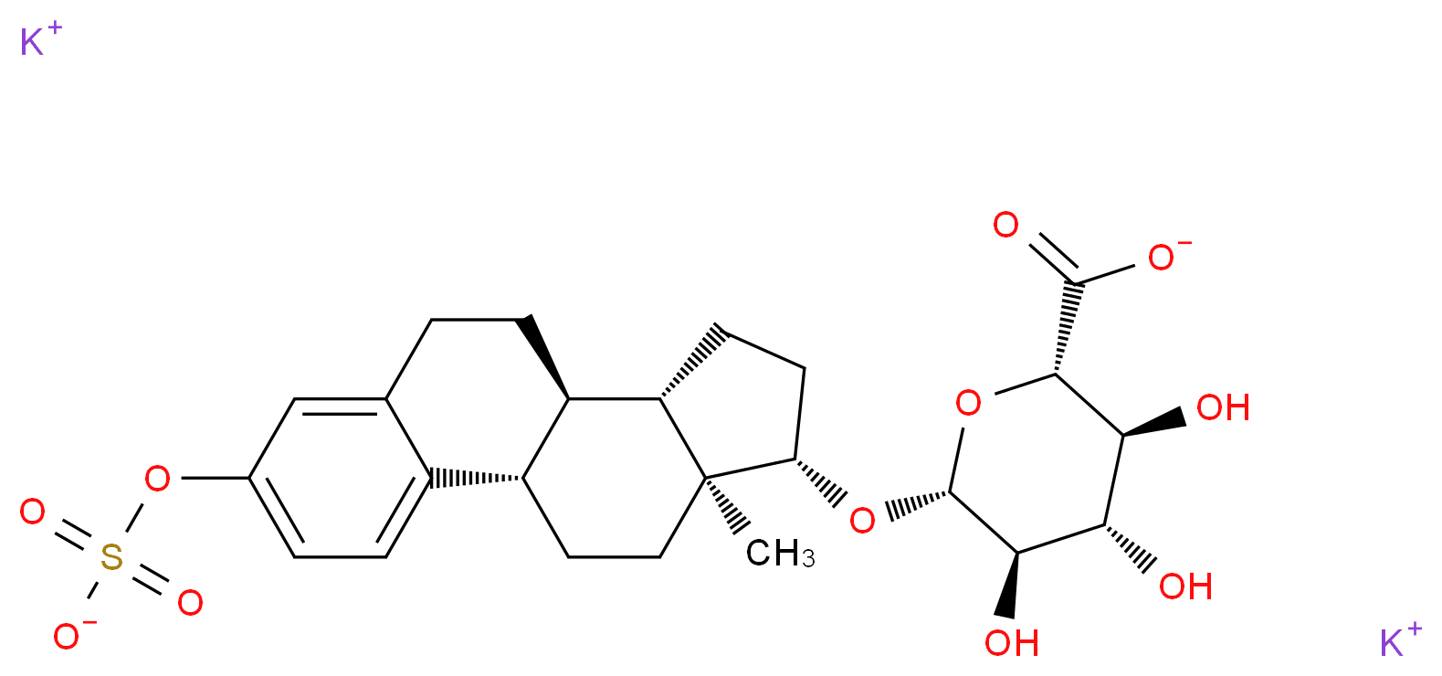 dipotassium (2S,3S,4S,5R,6R)-3,4,5-trihydroxy-6-{[(1S,10R,11S,14S,15S)-15-methyl-5-(sulfonatooxy)tetracyclo[8.7.0.0<sup>2</sup>,<sup>7</sup>.0<sup>1</sup><sup>1</sup>,<sup>1</sup><sup>5</sup>]heptadeca-2,4,6-trien-14-yl]oxy}oxane-2-carboxylate_分子结构_CAS_10392-35-5