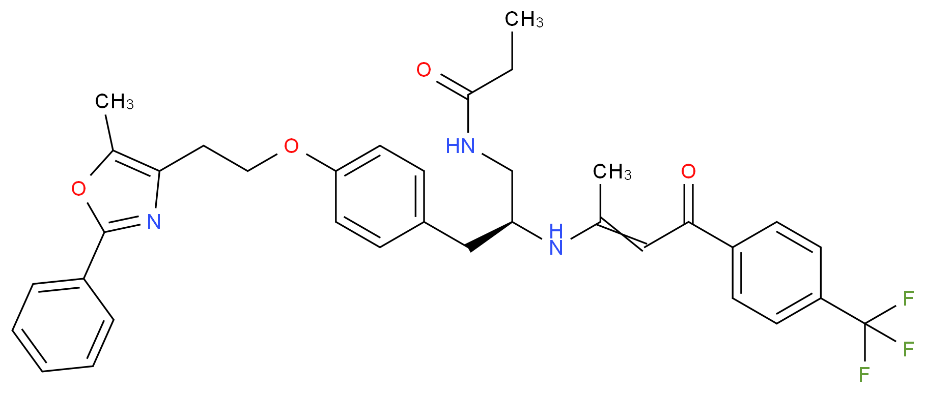 N-[(2S)-3-{4-[2-(5-methyl-2-phenyl-1,3-oxazol-4-yl)ethoxy]phenyl}-2-({4-oxo-4-[4-(trifluoromethyl)phenyl]but-2-en-2-yl}amino)propyl]propanamide_分子结构_CAS_880635-03-0