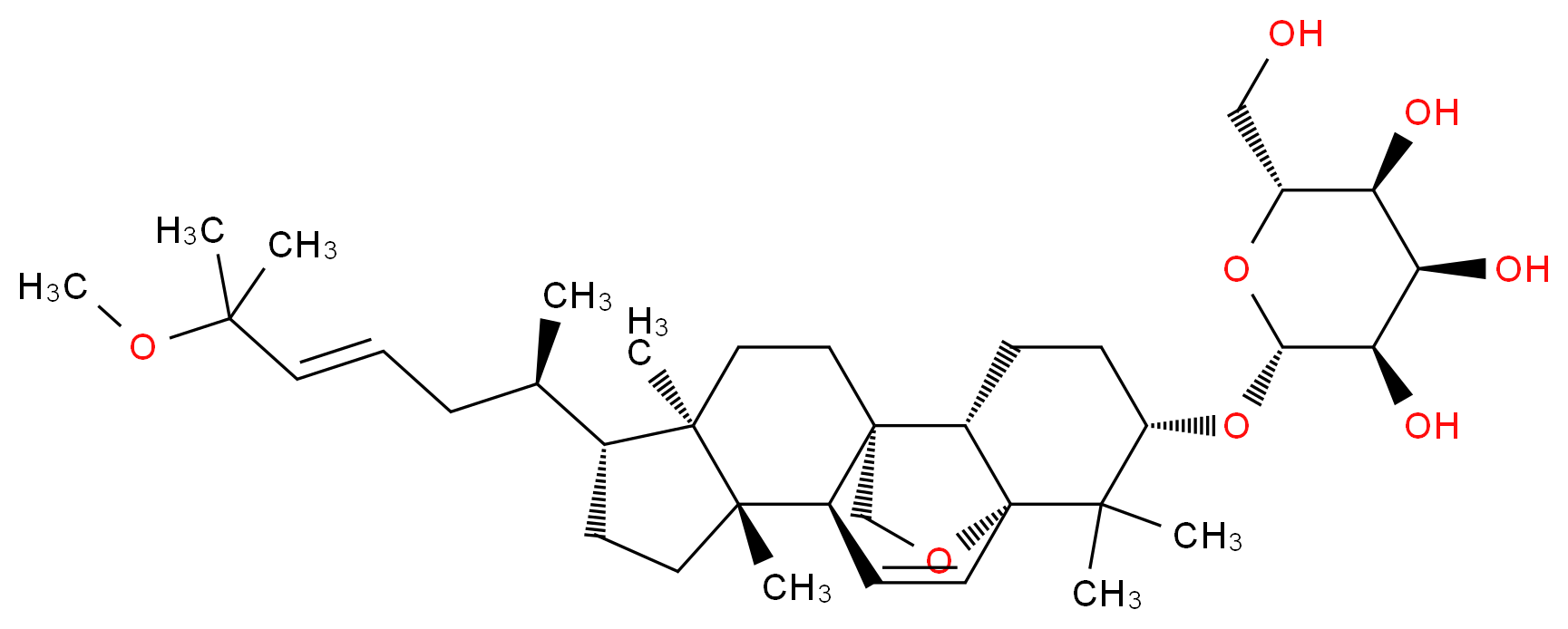 (2R,3S,4R,5R,6R)-2-(hydroxymethyl)-6-{[(1R,4S,5S,8R,9R,12S,13S,16S)-8-[(2R,4E)-6-methoxy-6-methylhept-4-en-2-yl]-5,9,17,17-tetramethyl-18-oxapentacyclo[10.5.2.0<sup>1</sup>,<sup>1</sup><sup>3</sup>.0<sup>4</sup>,<sup>1</sup><sup>2</sup>.0<sup>5</sup>,<sup>9</sup>]nonadec-2-en-16-yl]oxy}oxane-3,4,5-triol_分子结构_CAS_81371-54-2