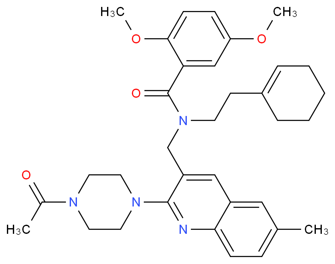 N-{[2-(4-acetyl-1-piperazinyl)-6-methyl-3-quinolinyl]methyl}-N-[2-(1-cyclohexen-1-yl)ethyl]-2,5-dimethoxybenzamide_分子结构_CAS_)