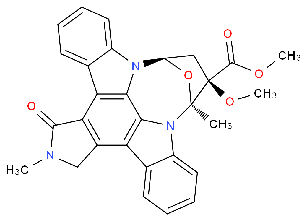 methyl (15S,16R,18R)-16-methoxy-4,15-dimethyl-3-oxo-28-oxa-4,14,19-triazaoctacyclo[12.11.2.1<sup>1</sup><sup>5</sup>,<sup>1</sup><sup>8</sup>.0<sup>2</sup>,<sup>6</sup>.0<sup>7</sup>,<sup>2</sup><sup>7</sup>.0<sup>8</sup>,<sup>1</sup><sup>3</sup>.0<sup>1</sup><sup>9</sup>,<sup>2</sup><sup>6</sup>.0<sup>2</sup><sup>0</sup>,<sup>2</sup><sup>5</sup>]octacosa-1(26),2(6),7(27),8,10,12,20(25),21,23-nonaene-16-carboxylate_分子结构_CAS_126643-37-6