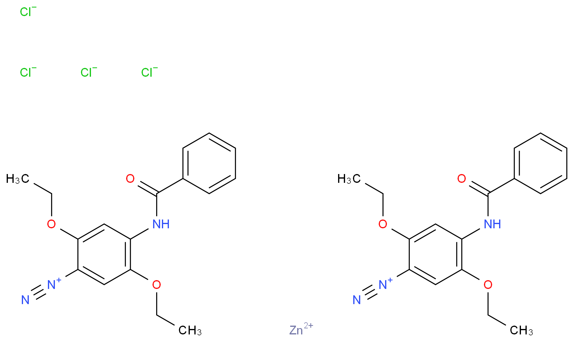 zinc(2+) ion bis(4-benzamido-2,5-diethoxybenzene-1-diazonium) tetrachloride_分子结构_CAS_5486-84-0