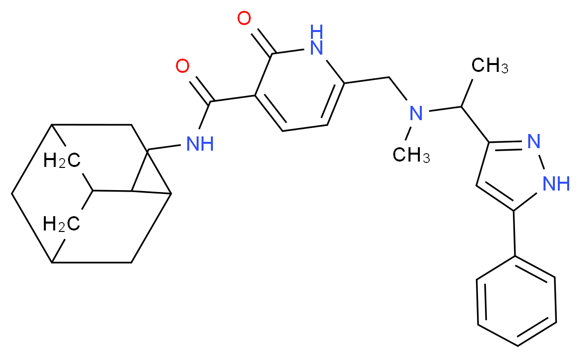 N-(2-adamantylmethyl)-6-({methyl[1-(5-phenyl-1H-pyrazol-3-yl)ethyl]amino}methyl)-2-oxo-1,2-dihydro-3-pyridinecarboxamide_分子结构_CAS_)