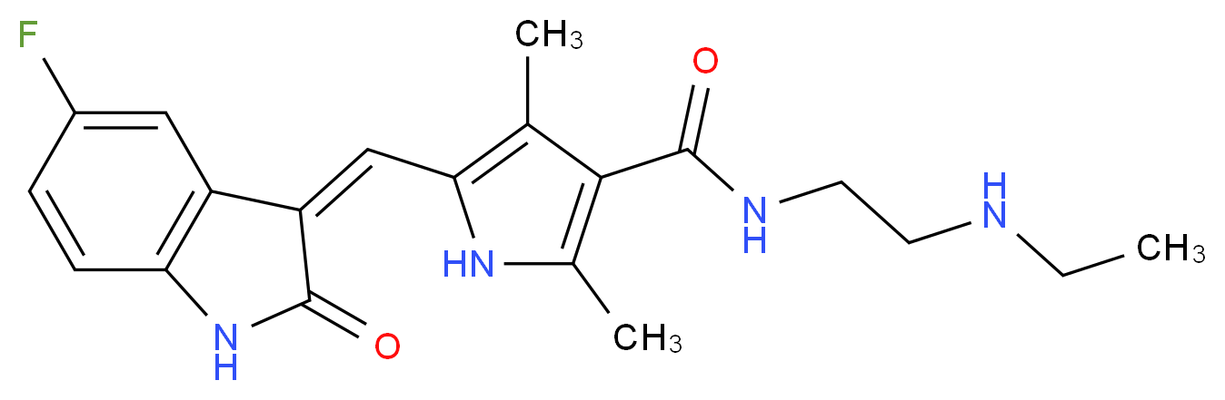 N-[2-(ethylamino)ethyl]-5-{[(3Z)-5-fluoro-2-oxo-2,3-dihydro-1H-indol-3-ylidene]methyl}-2,4-dimethyl-1H-pyrrole-3-carboxamide_分子结构_CAS_356068-97-8