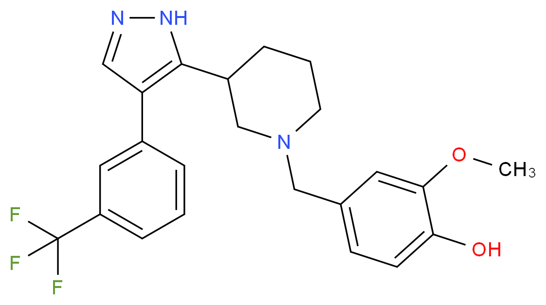 2-methoxy-4-[(3-{4-[3-(trifluoromethyl)phenyl]-1H-pyrazol-5-yl}-1-piperidinyl)methyl]phenol_分子结构_CAS_)