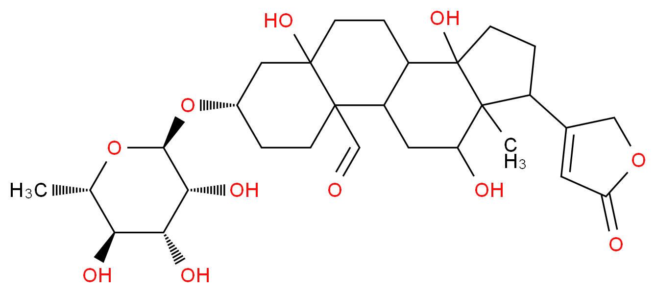 (5S)-7,11,16-trihydroxy-15-methyl-14-(5-oxo-2,5-dihydrofuran-3-yl)-5-{[(2R,3R,4R,5R,6S)-3,4,5-trihydroxy-6-methyloxan-2-yl]oxy}tetracyclo[8.7.0.0<sup>2</sup>,<sup>7</sup>.0<sup>1</sup><sup>1</sup>,<sup>1</sup><sup>5</sup>]heptadecane-2-carbaldehyde_分子结构_CAS_508-75-8