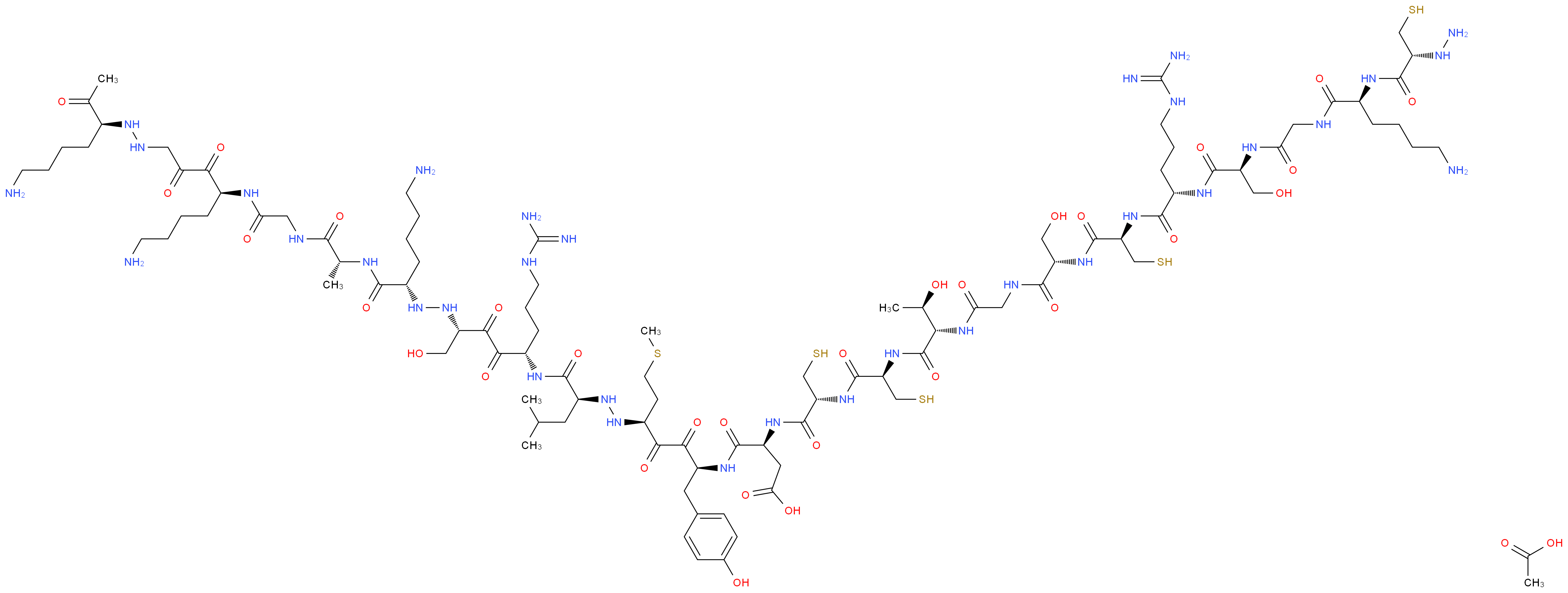 (3S)-3-{[(2S,5S)-5-{2-[(1S)-1-{[(4S,7S)-7-{2-[(1S)-5-amino-1-{[(1R)-1-[({[(4S)-8-amino-1-{2-[(3S)-7-amino-2-oxoheptan-3-yl]hydrazin-1-yl}-2,3-dioxooctan-4-yl]carbamoyl}methyl)carbamoyl]ethyl]carbamoyl}pentyl]hydrazin-1-yl}-1-carbamimidamido-8-hydroxy-5,6-dioxooctan-4-yl]carbamoyl}-3-methylbutyl]hydrazin-1-yl}-1-(4-hydroxyphenyl)-7-(methylsulfanyl)-3,4-dioxoheptan-2-yl]carbamoyl}-3-[(2R)-2-[(2R)-2-[(2S,3R)-2-{2-[(2S)-2-[(2R)-2-[(2S)-2-[(2S)-2-{2-[(2S)-6-amino-2-[(2R)-2-hydrazinyl-3-sulfanylpropanamido]hexanamido]acetamido}-3-hydroxypropanamido]-5-carbamimidamidopentanamido]-3-sulfanylpropanamido]-3-hydroxypropanamido]acetamido}-3-hydroxybutanamido]-3-sulfanylpropanamido]-3-sulfanylpropanamido]propanoic acid; acetic acid_分子结构_CAS_914454-03-8