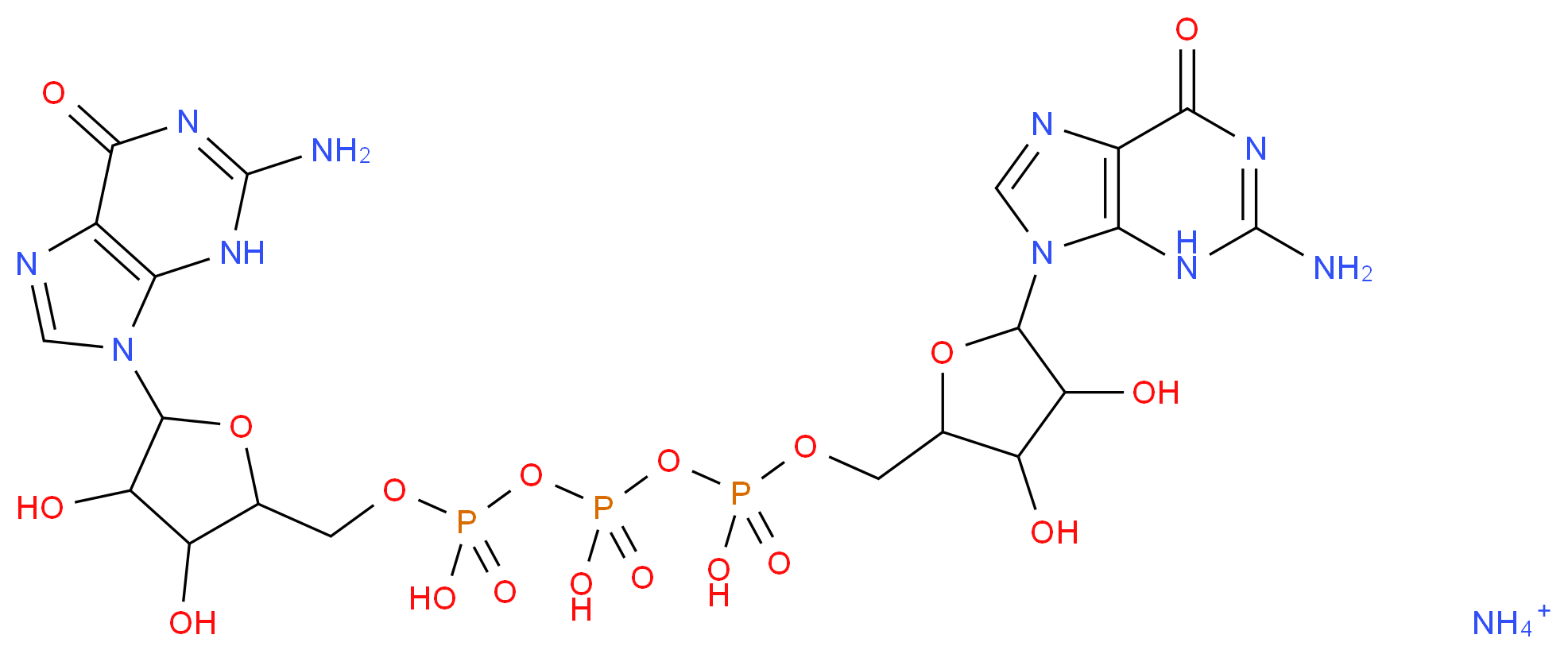 ammonium {[5-(2-amino-6-oxo-6,9-dihydro-3H-purin-9-yl)-3,4-dihydroxyoxolan-2-yl]methoxy}({[({[5-(2-amino-6-oxo-6,9-dihydro-3H-purin-9-yl)-3,4-dihydroxyoxolan-2-yl]methoxy}(hydroxy)phosphoryl)oxy](hydroxy)phosphoryl}oxy)phosphinic acid_分子结构_CAS_102783-44-8