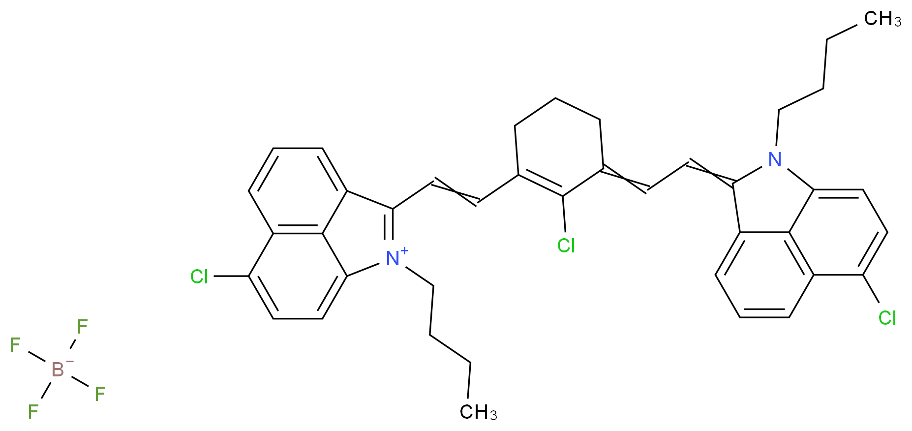 2-butyl-3-{2-[3-(2-{2-butyl-9-chloro-2-azatricyclo[6.3.1.0<sup>4</sup>,<sup>1</sup><sup>2</sup>]dodeca-1(11),4(12),5,7,9-pentaen-3-ylidene}ethylidene)-2-chlorocyclohex-1-en-1-yl]ethenyl}-9-chloro-2-azatricyclo[6.3.1.0<sup>4</sup>,<sup>1</sup><sup>2</sup>]dodeca-1(12),2,4,6,8,10-hexaen-2-ium; tetrafluoroboranuide_分子结构_CAS_155613-98-2