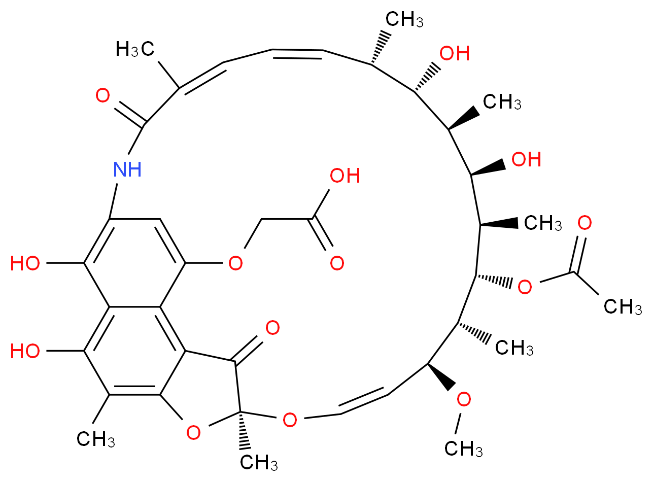 2-{[(7S,9E,11S,12R,13S,14R,15R,16R,17S,18S,19E)-13-(acetyloxy)-2,15,17,29-tetrahydroxy-11-methoxy-3,7,12,14,16,18,22-heptamethyl-6,23-dioxo-8,30-dioxa-24-azatetracyclo[23.3.1.1<sup>4</sup>,<sup>7</sup>.0<sup>5</sup>,<sup>2</sup><sup>8</sup>]triaconta-1(29),2,4,9,19,21,25,27-octaen-27-yl]oxy}acetic acid_分子结构_CAS_13929-35-6