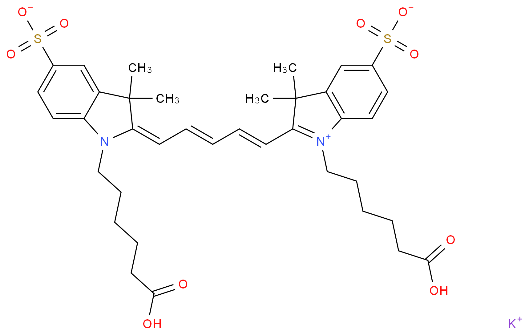 potassium 1-(5-carboxypentyl)-2-[(1E,3E)-5-[(2E)-1-(5-carboxypentyl)-3,3-dimethyl-5-sulfonato-2,3-dihydro-1H-indol-2-ylidene]penta-1,3-dien-1-yl]-3,3-dimethyl-3H-indol-1-ium-5-sulfonate_分子结构_CAS_252255-40-6