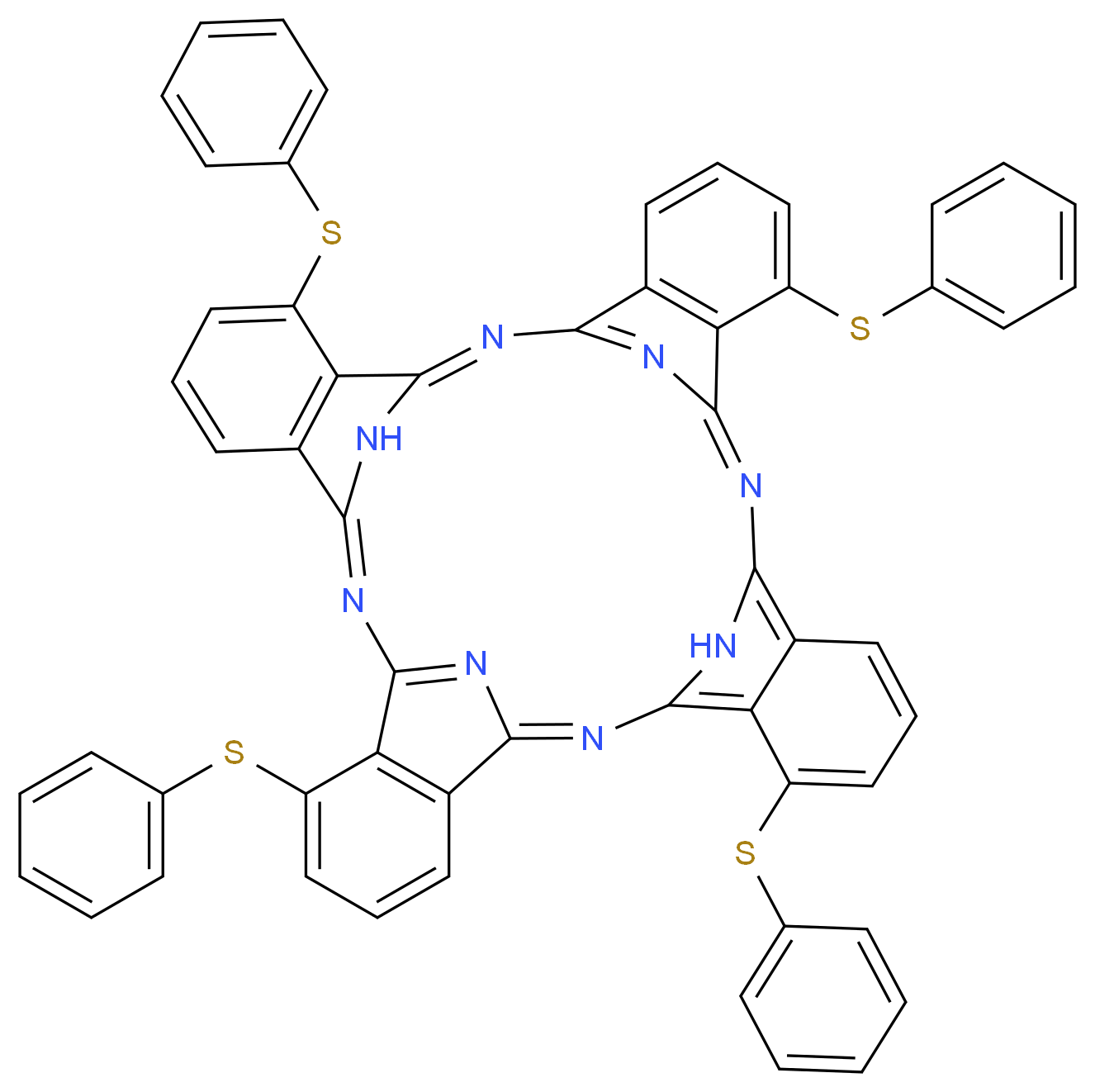5,14,23,32-tetrakis(phenylsulfanyl)-2,11,20,29,37,38,39,40-octaazanonacyclo[28.6.1.1<sup>3</sup>,<sup>1</sup><sup>0</sup>.1<sup>1</sup><sup>2</sup>,<sup>1</sup><sup>9</sup>.1<sup>2</sup><sup>1</sup>,<sup>2</sup><sup>8</sup>.0<sup>4</sup>,<sup>9</sup>.0<sup>1</sup><sup>3</sup>,<sup>1</sup><sup>8</sup>.0<sup>2</sup><sup>2</sup>,<sup>2</sup><sup>7</sup>.0<sup>3</sup><sup>1</sup>,<sup>3</sup><sup>6</sup>]tetraconta-1,3,5,7,9,11,13,15,17,19(39),20,22,24,26,28,30(37),31,33,35-nonadecaene_分子结构_CAS_77492-98-9