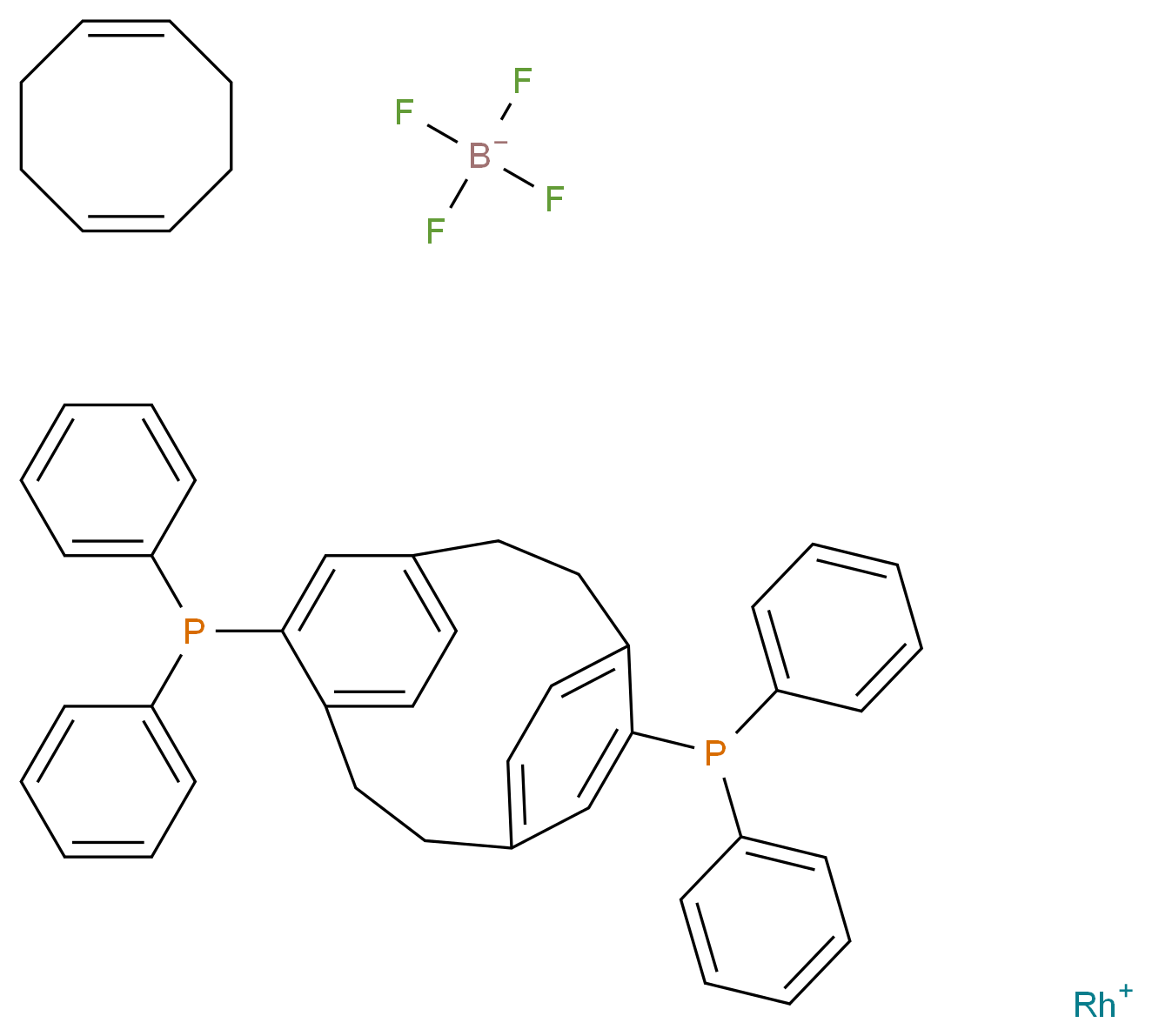 λ<sup>1</sup>-rhodium(1+) ion (1Z,5Z)-cycloocta-1,5-diene [11-(diphenylphosphanyl)tricyclo[8.2.2.2<sup>4</sup>,<sup>7</sup>]hexadeca-1(12),4,6,10,13,15-hexaen-5-yl]diphenylphosphane tetrafluoroboranuide_分子结构_CAS_849950-56-7