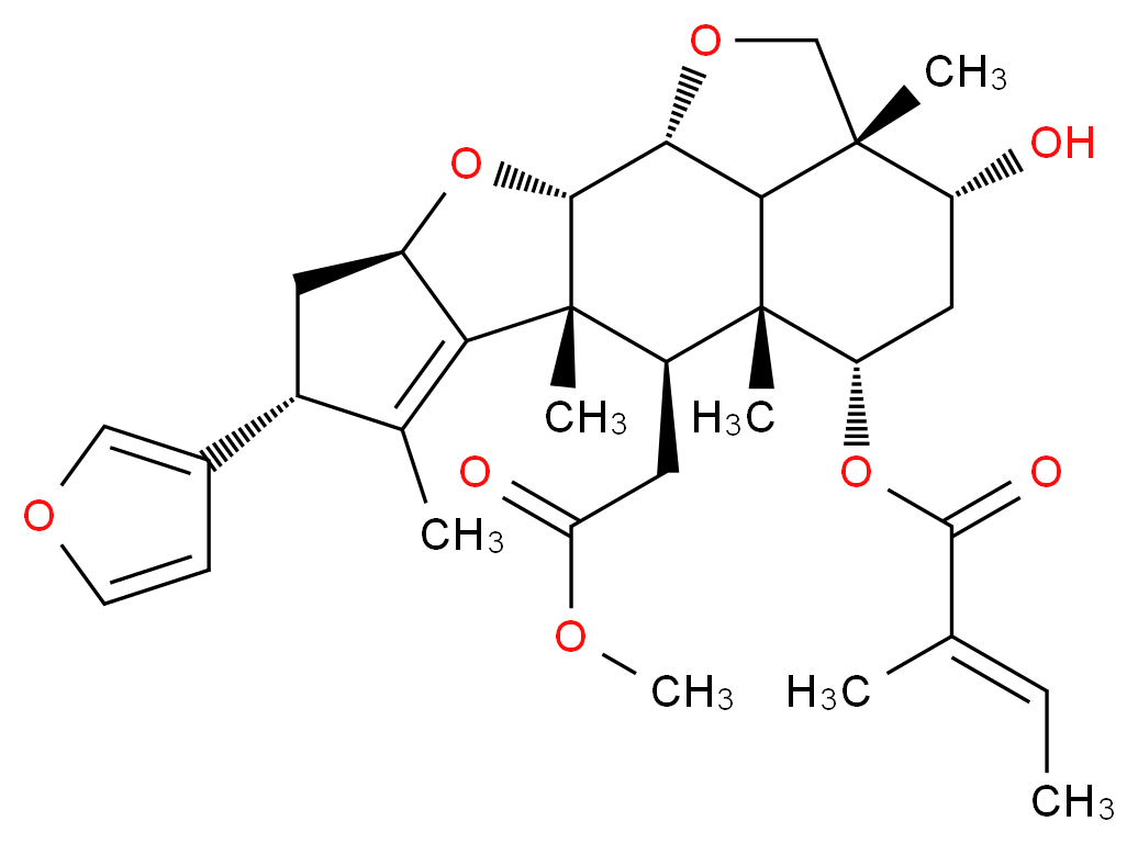 (1R,2S,4R,6R,9R,10R,11R,12S,14R,15R,18R)-6-(furan-3-yl)-14-hydroxy-10-(2-methoxy-2-oxoethyl)-7,9,11,15-tetramethyl-3,17-dioxapentacyclo[9.6.1.0<sup>2</sup>,<sup>9</sup>.0<sup>4</sup>,<sup>8</sup>.0<sup>1</sup><sup>5</sup>,<sup>1</sup><sup>8</sup>]octadec-7-en-12-yl (2E)-2-methylbut-2-enoate_分子结构_CAS_1110-56-1