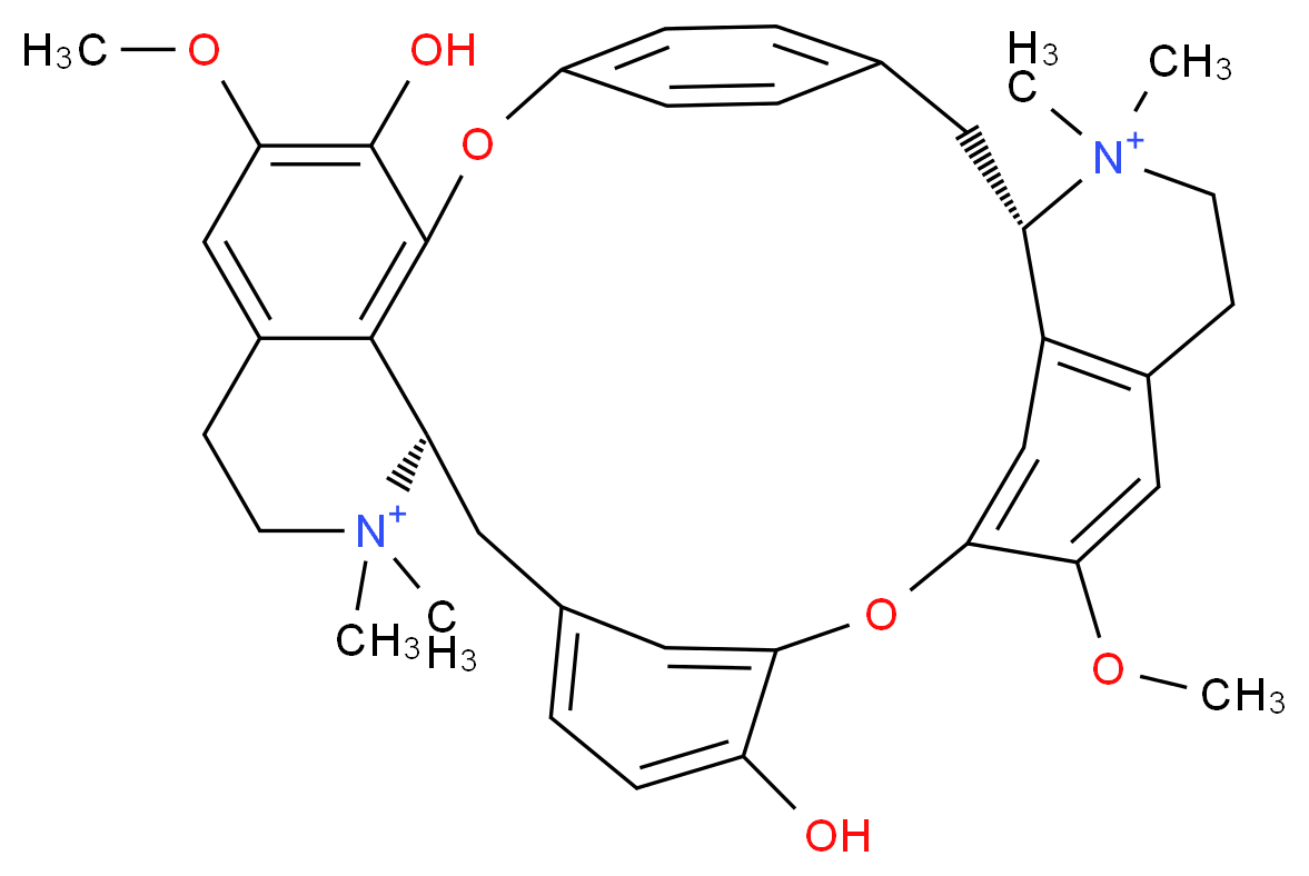 (1S,16R)-9,21-dihydroxy-10,25-dimethoxy-15,15,30,30-tetramethyl-7,23-dioxa-15,30-diazaheptacyclo[22.6.2.2<sup>3</sup>,<sup>6</sup>.1<sup>8</sup>,<sup>1</sup><sup>2</sup>.1<sup>1</sup><sup>8</sup>,<sup>2</sup><sup>2</sup>.0<sup>2</sup><sup>7</sup>,<sup>3</sup><sup>1</sup>.0<sup>1</sup><sup>6</sup>,<sup>3</sup><sup>4</sup>]hexatriaconta-3,5,8(34),9,11,18,20,22(33),24(32),25,27(31),35-dodecaene-15,30-diium_分子结构_CAS_57-95-4