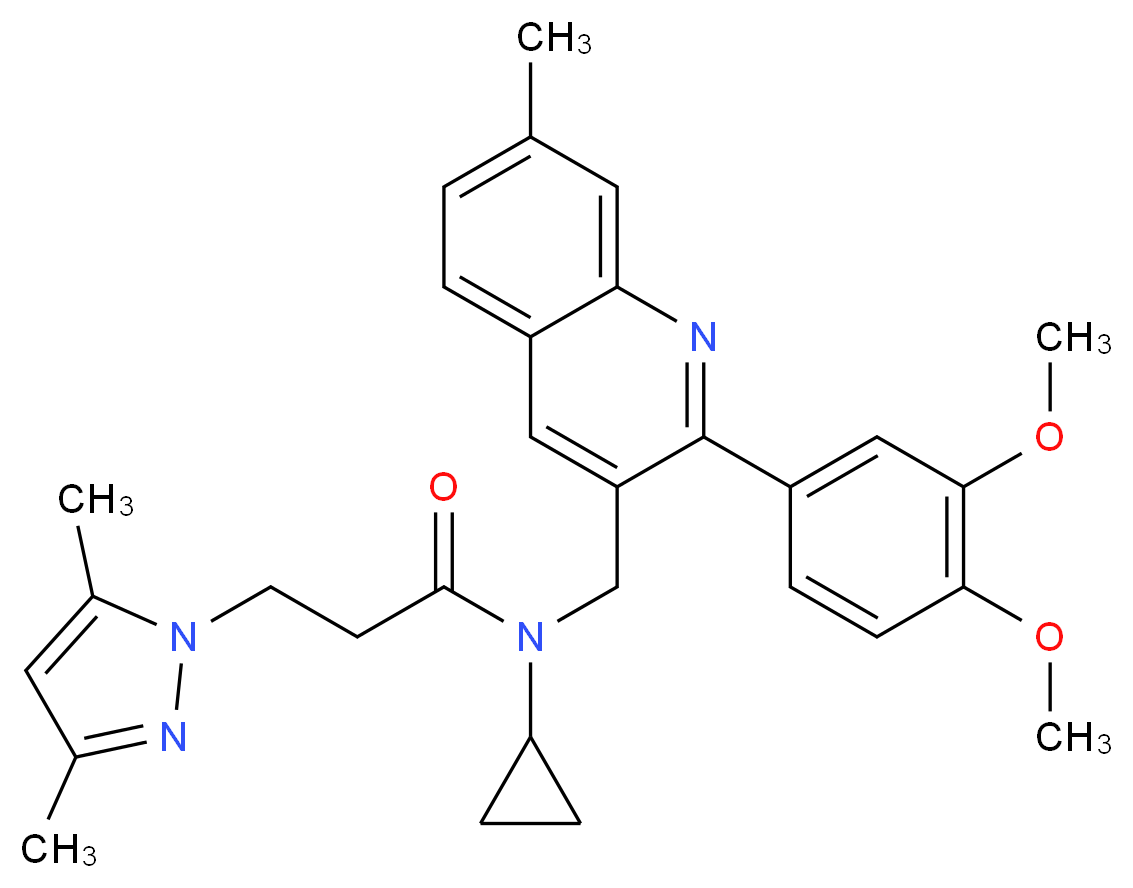 N-cyclopropyl-N-{[2-(3,4-dimethoxyphenyl)-7-methyl-3-quinolinyl]methyl}-3-(3,5-dimethyl-1H-pyrazol-1-yl)propanamide_分子结构_CAS_)