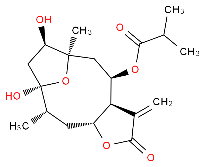 (1R,2S,4R,8S,9R,11R,12R)-1,12-dihydroxy-2,11-dimethyl-7-methylidene-6-oxo-5,14-dioxatricyclo[9.2.1.0<sup>4</sup>,<sup>8</sup>]tetradecan-9-yl 2-methylpropanoate_分子结构_CAS_59979-61-2