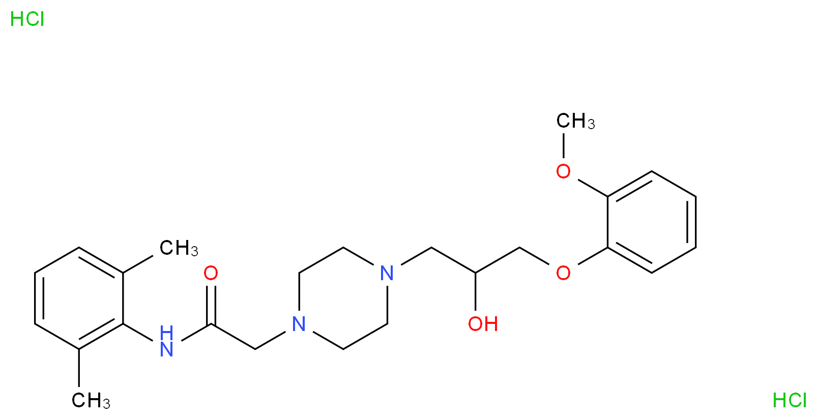 N-(2,6-dimethylphenyl)-2-{4-[2-hydroxy-3-(2-methoxyphenoxy)propyl]piperazin-1-yl}acetamide dihydrochloride_分子结构_CAS_95635-56-6