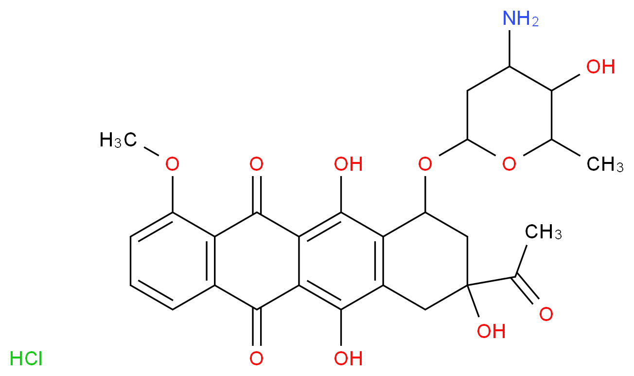 8-acetyl-10-[(4-amino-5-hydroxy-6-methyloxan-2-yl)oxy]-6,8,11-trihydroxy-1-methoxy-5,7,8,9,10,12-hexahydrotetracene-5,12-dione hydrochloride_分子结构_CAS_23451-50-6