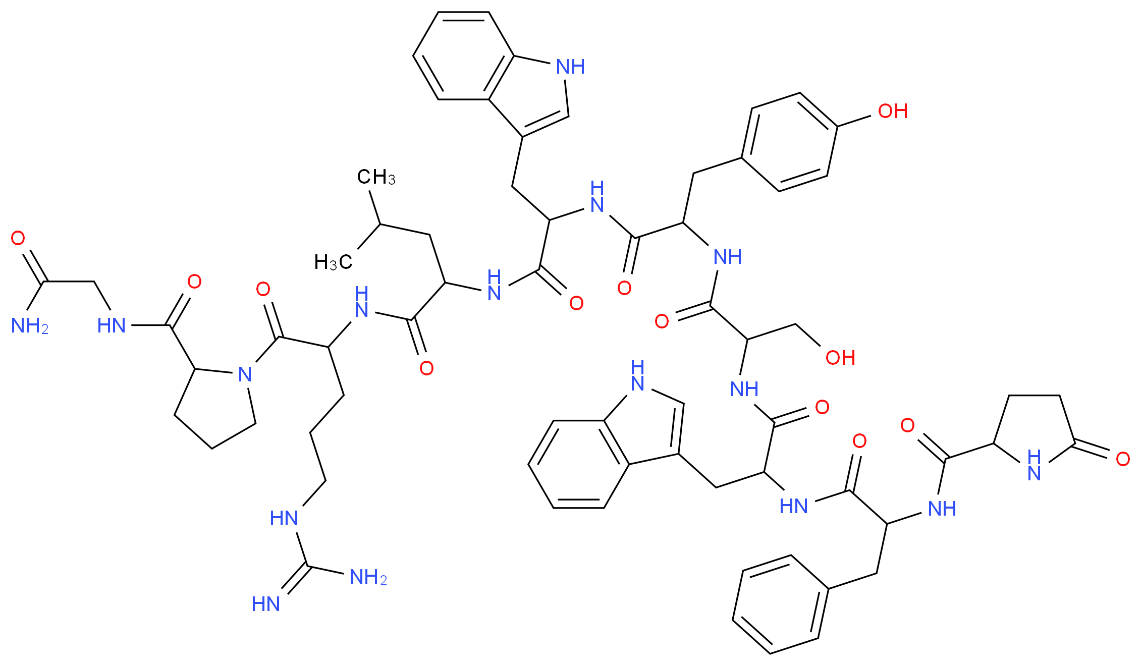 N-(5-carbamimidamido-1-{2-[(carbamoylmethyl)carbamoyl]pyrrolidin-1-yl}-1-oxopentan-2-yl)-2-[2-(2-{3-hydroxy-2-[3-(1H-indol-3-yl)-2-{2-[(5-oxopyrrolidin-2-yl)formamido]-3-phenylpropanamido}propanamido]propanamido}-3-(4-hydroxyphenyl)propanamido)-3-(1H-indol-3-yl)propanamido]-4-methylpentanamide_分子结构_CAS_68059-94-9