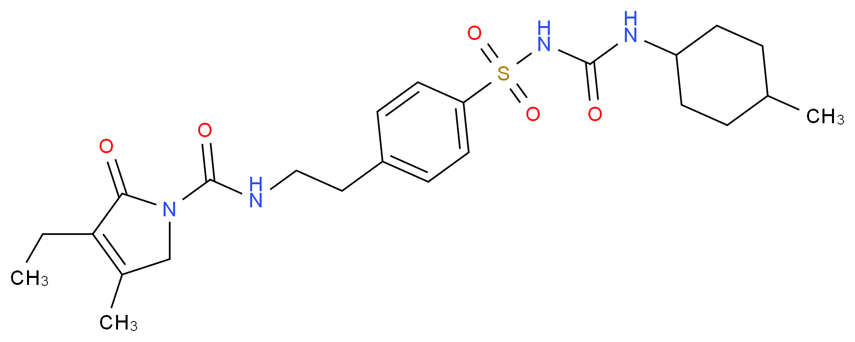 3-ethyl-4-methyl-N-{2-[4-({[(4-methylcyclohexyl)carbamoyl]amino}sulfonyl)phenyl]ethyl}-2-oxo-2,5-dihydro-1H-pyrrole-1-carboxamide_分子结构_CAS_93479-97-1