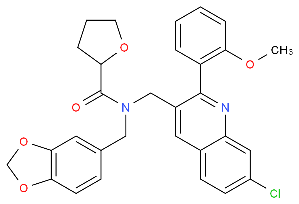 N-(1,3-benzodioxol-5-ylmethyl)-N-{[7-chloro-2-(2-methoxyphenyl)-3-quinolinyl]methyl}tetrahydro-2-furancarboxamide_分子结构_CAS_)