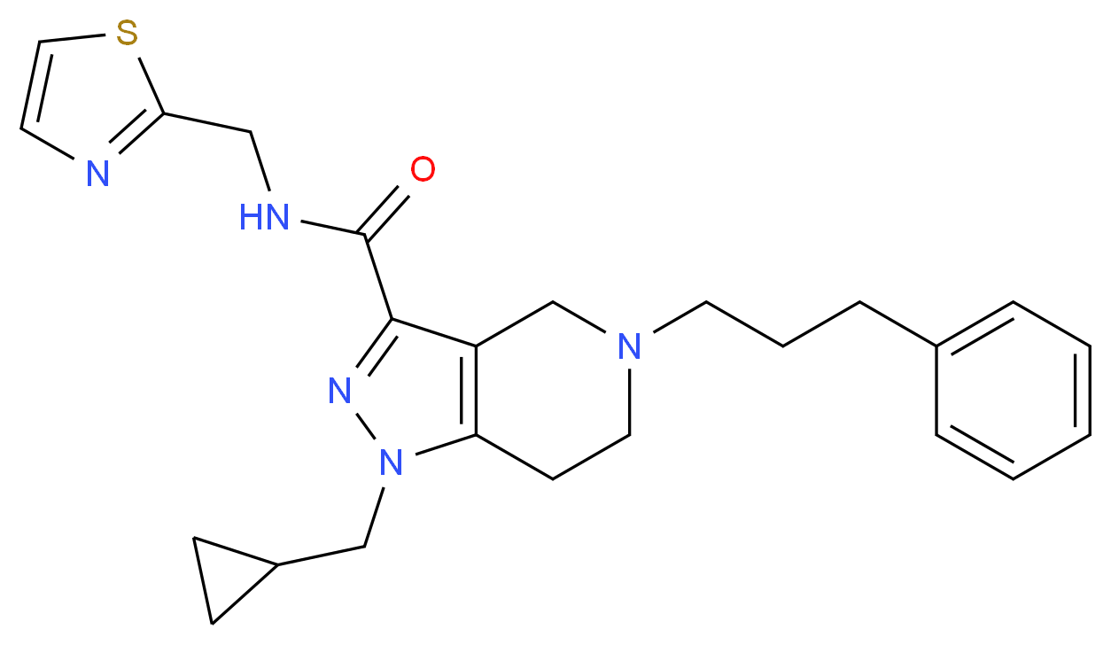 1-(cyclopropylmethyl)-5-(3-phenylpropyl)-N-(1,3-thiazol-2-ylmethyl)-4,5,6,7-tetrahydro-1H-pyrazolo[4,3-c]pyridine-3-carboxamide_分子结构_CAS_)
